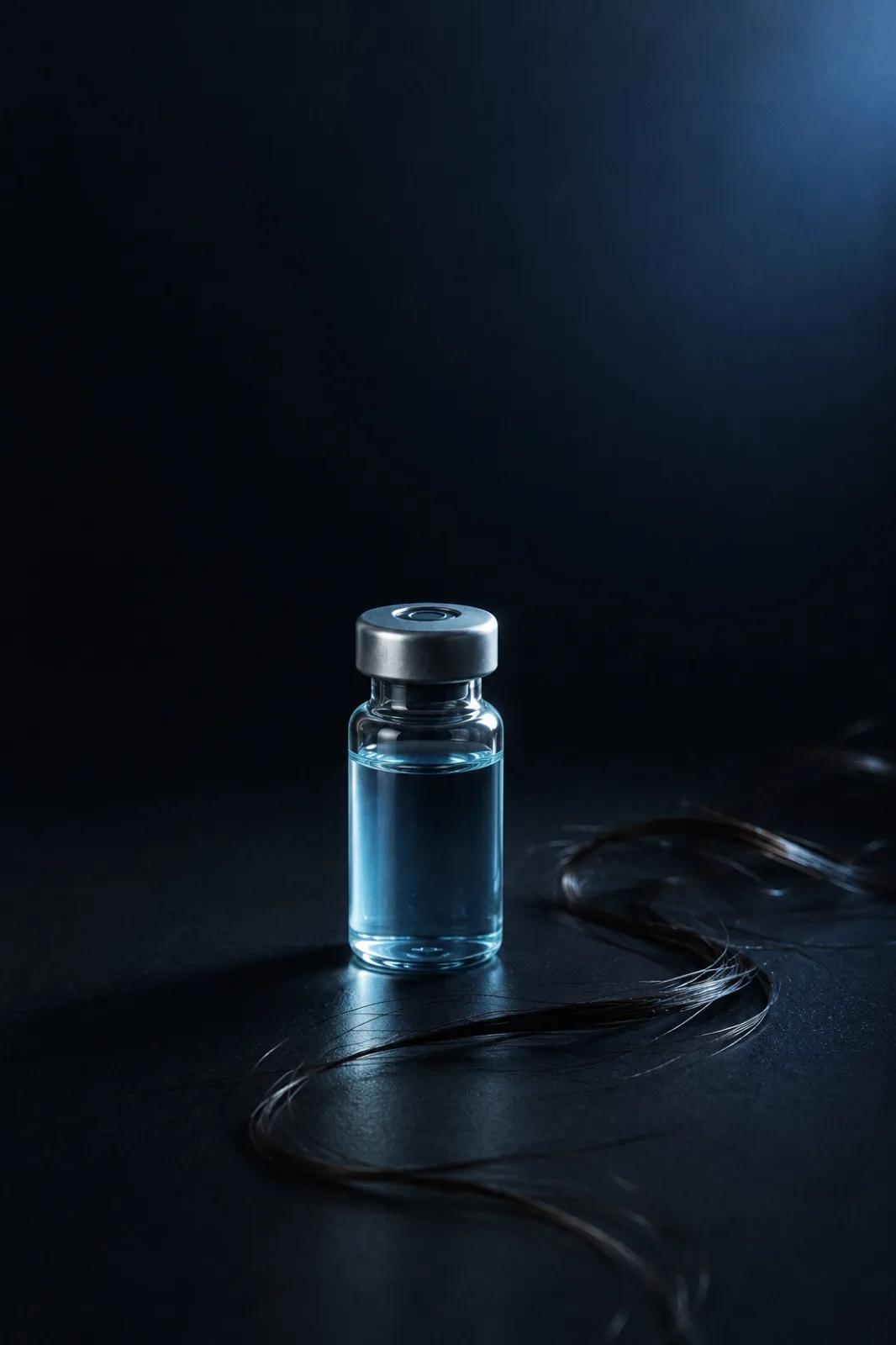 A glass vial of pale blue liquid with dark hair strands curling across the surface beside it