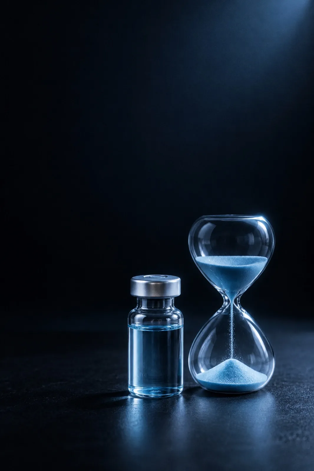 A glass vial of pale blue liquid beside an hourglass of blue sand, lit from above