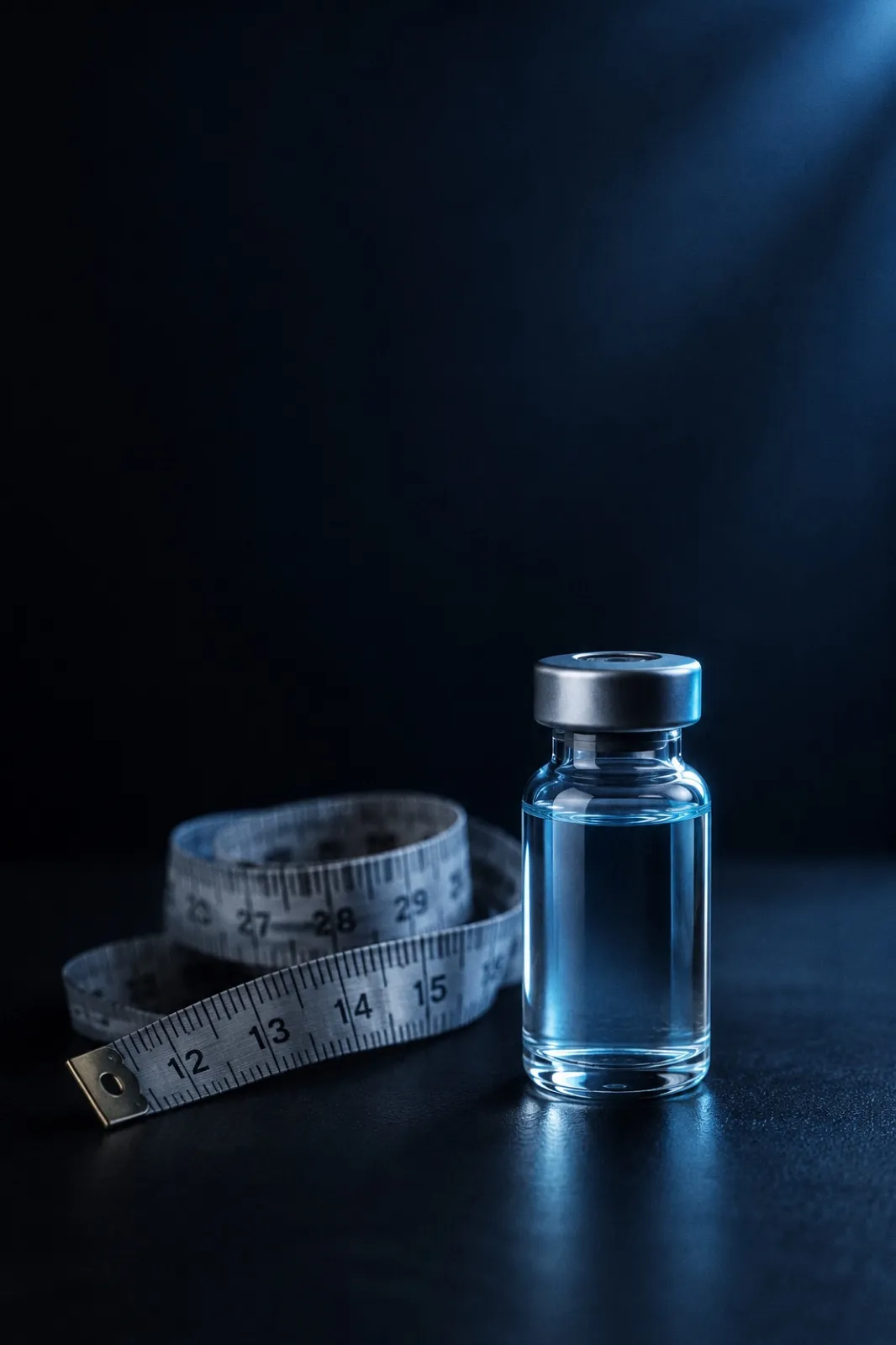 A glass vial of pale blue liquid beside a loosely coiled tape measure, lit from above